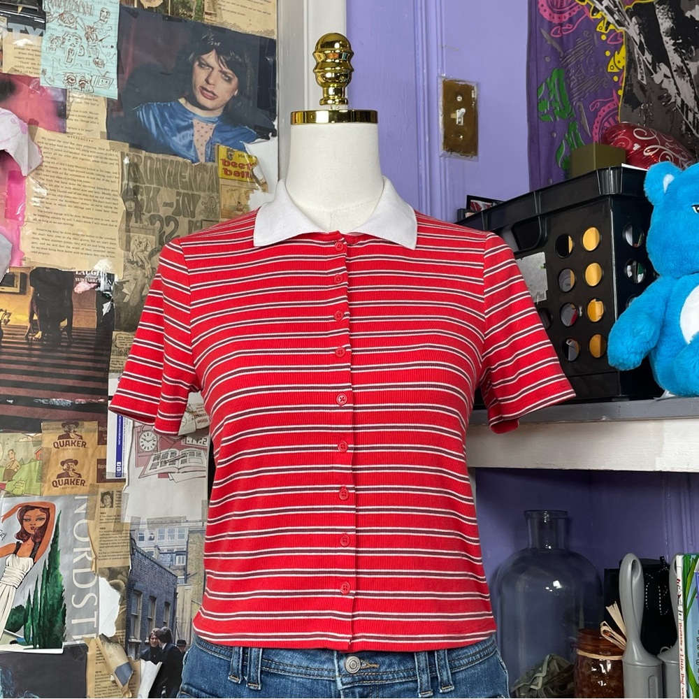 Red Striped Button-Up Polo Top